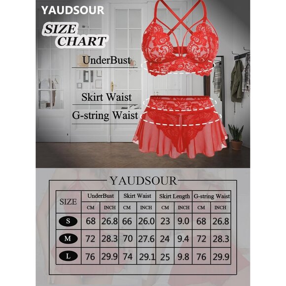 Sexy Lingerie for Women 3 Piece Lace Bra Panty Set Strappy Lingerie with Skirt - Picture 6 of 6